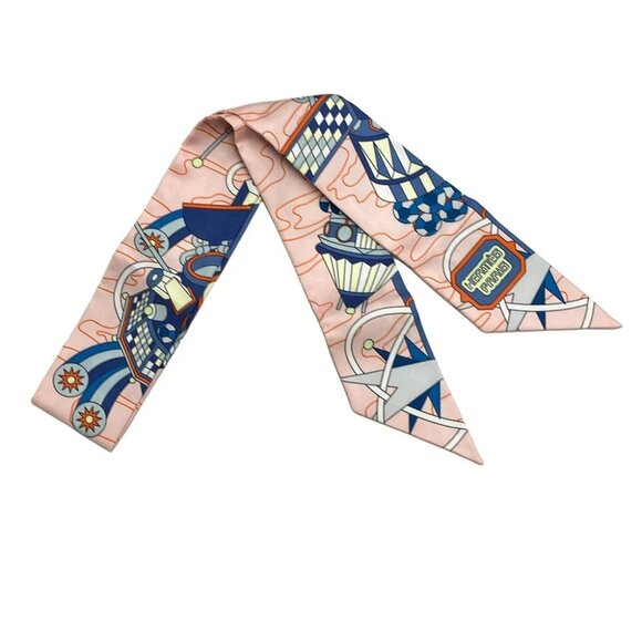 Auth HERMES Twilly - Light Pink Navy Multi Scarf